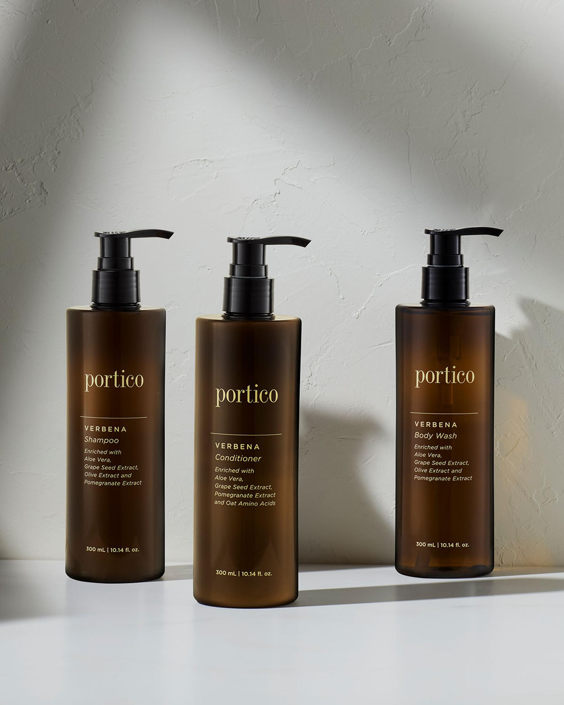 Portico Verbena Shampoo, Conditioner, and Body Wash dispensers