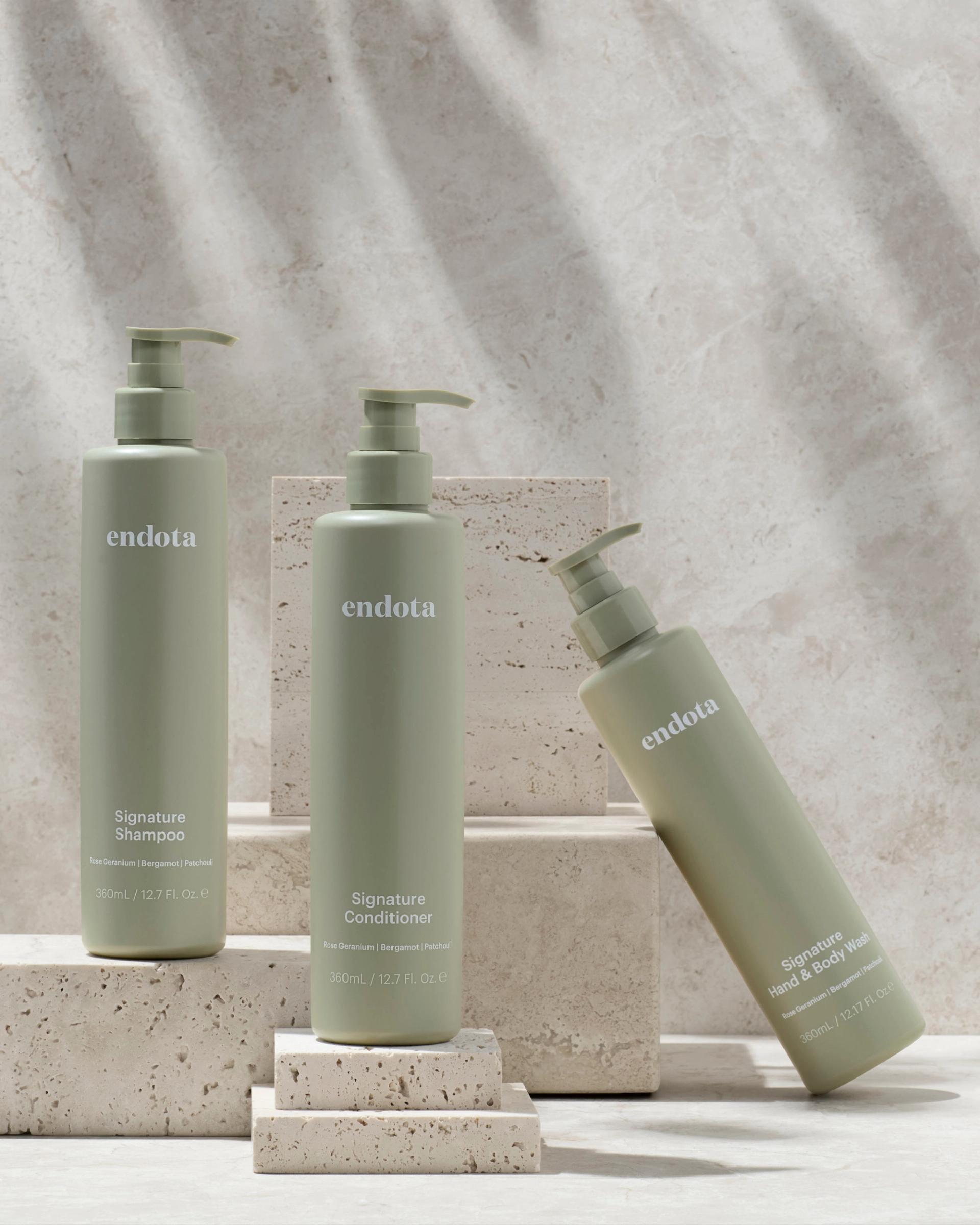 endota Signature Shampoo, Conditioner and Hand & Body Wash Dovelok bottles