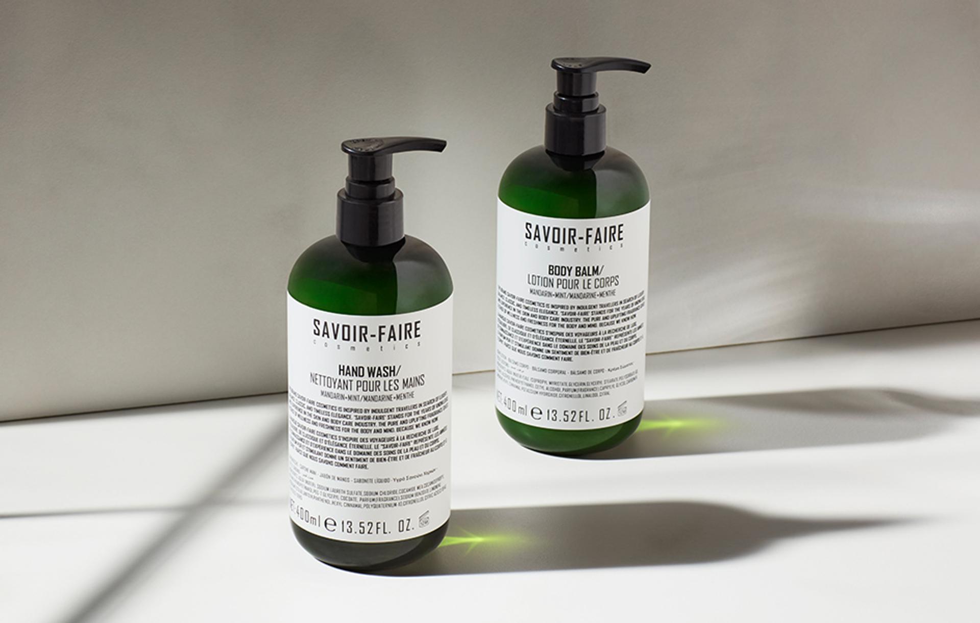 Savoir-Faire Mandarin Mint Hand Wash and Body Lotion dispensers on bathroom vanity