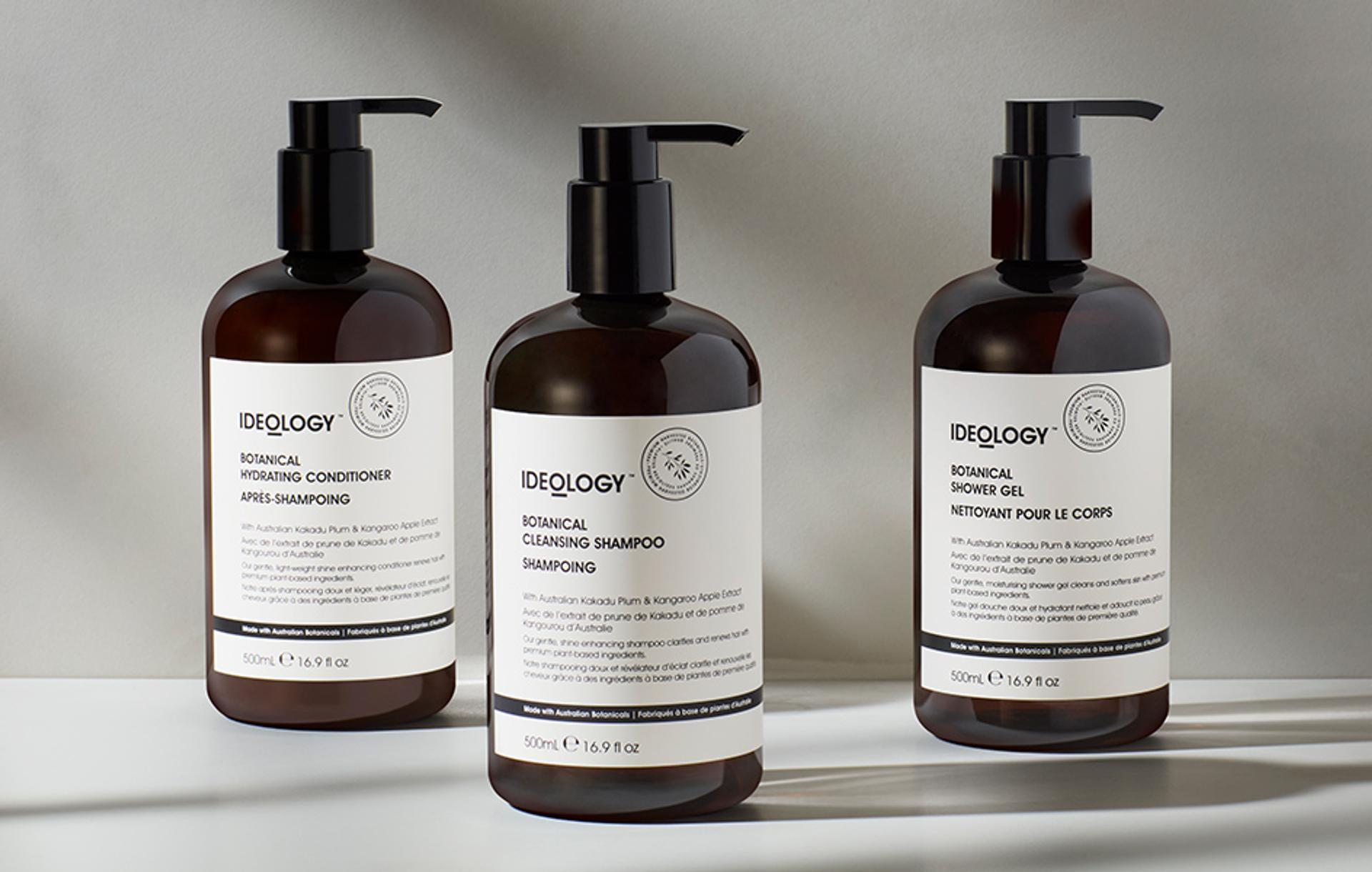Ideology Botanical Shampoo, Conditioner and Shower Gel bottles