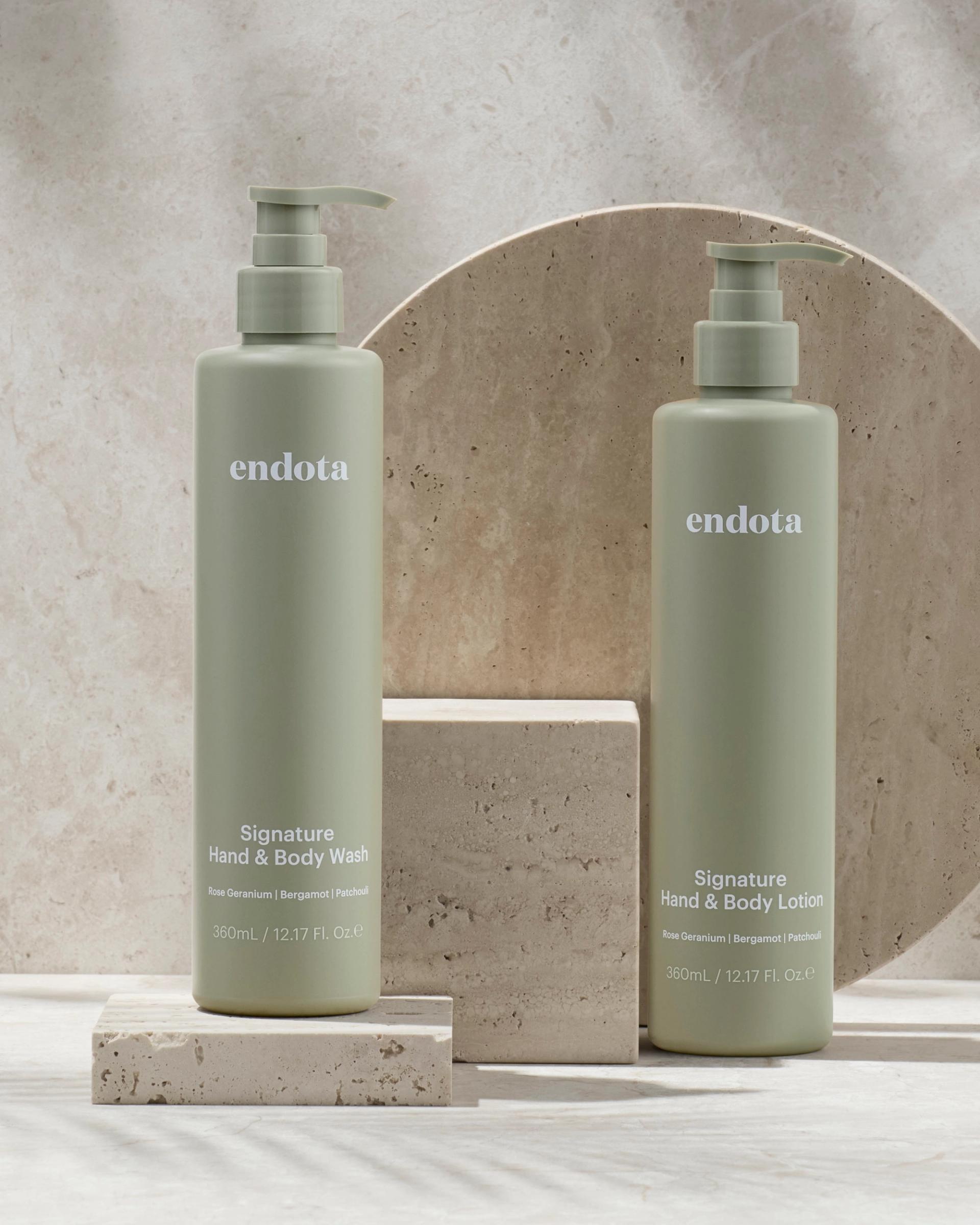 endota Signature Hand & Body Wash and Hand & Body Lotion Dovelok bottles