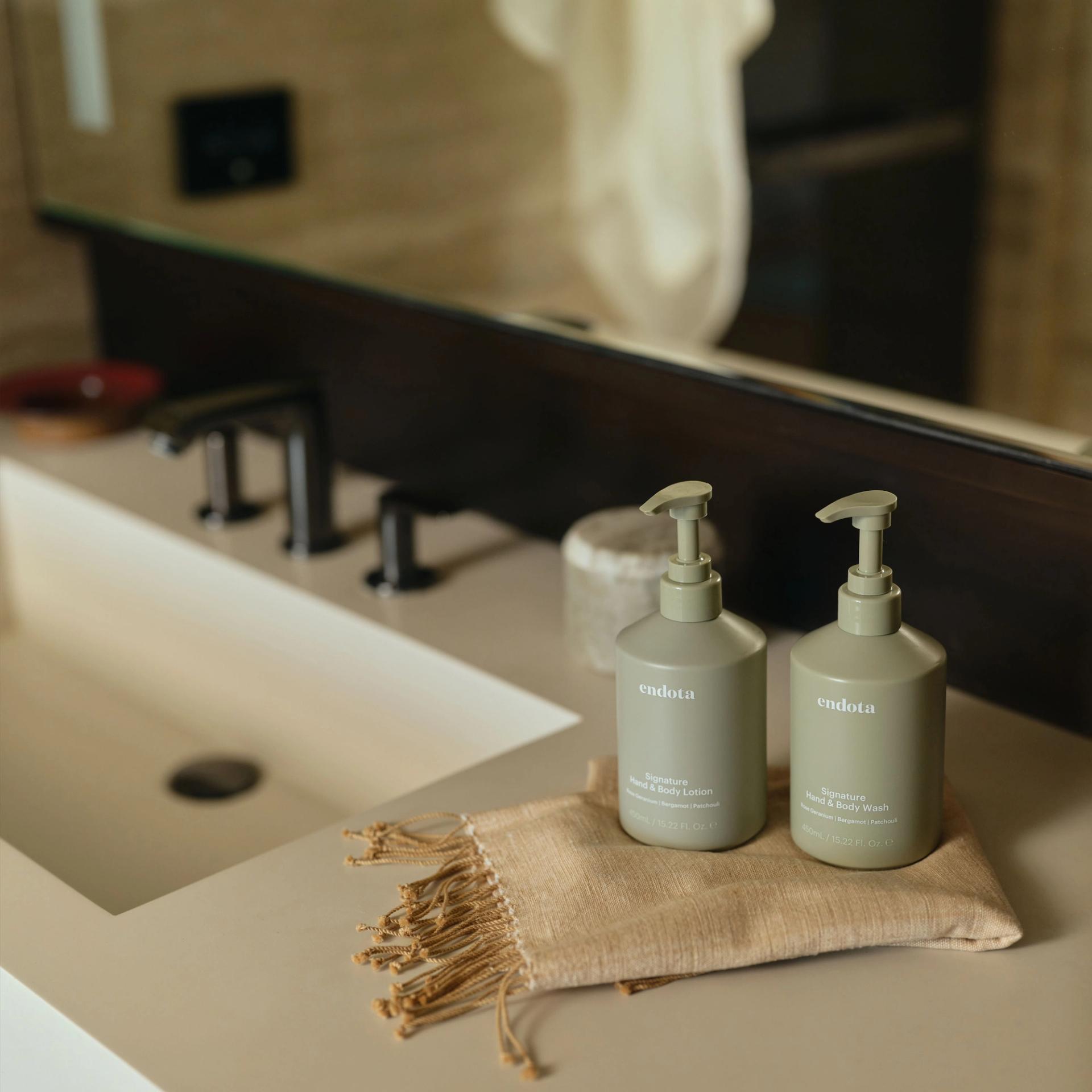 endota Hand Wash and Body Lotion by vanity side.
