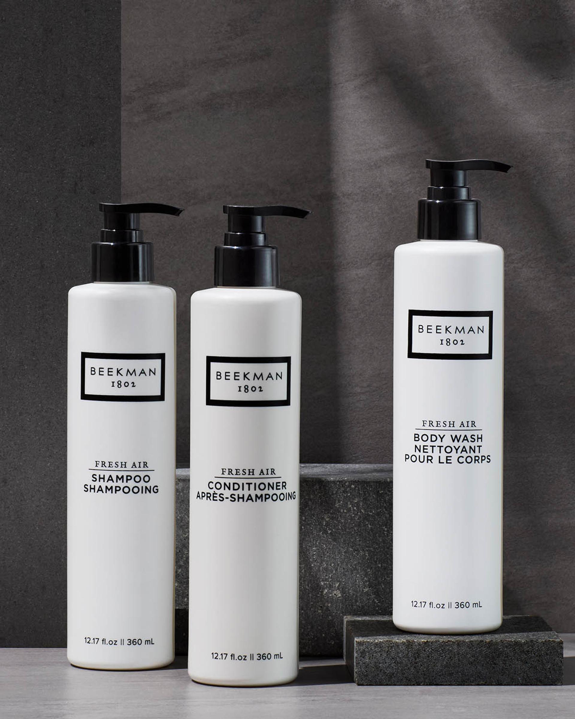Beekman 1802 Fresh Air Shampoo, Conditioner and Body Wash bottles