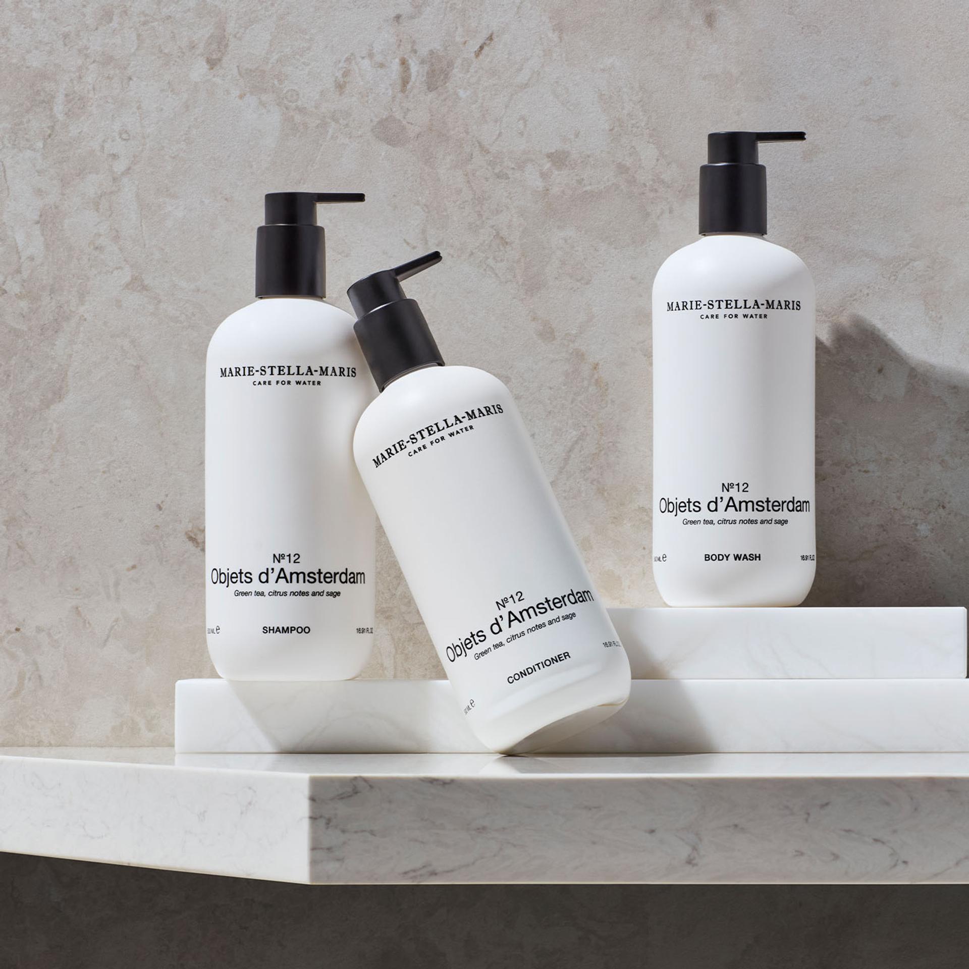 Marie Stella Maris Objets d'Amsterdam Shampoo, Conditioner and Body Wash dispensers on counter