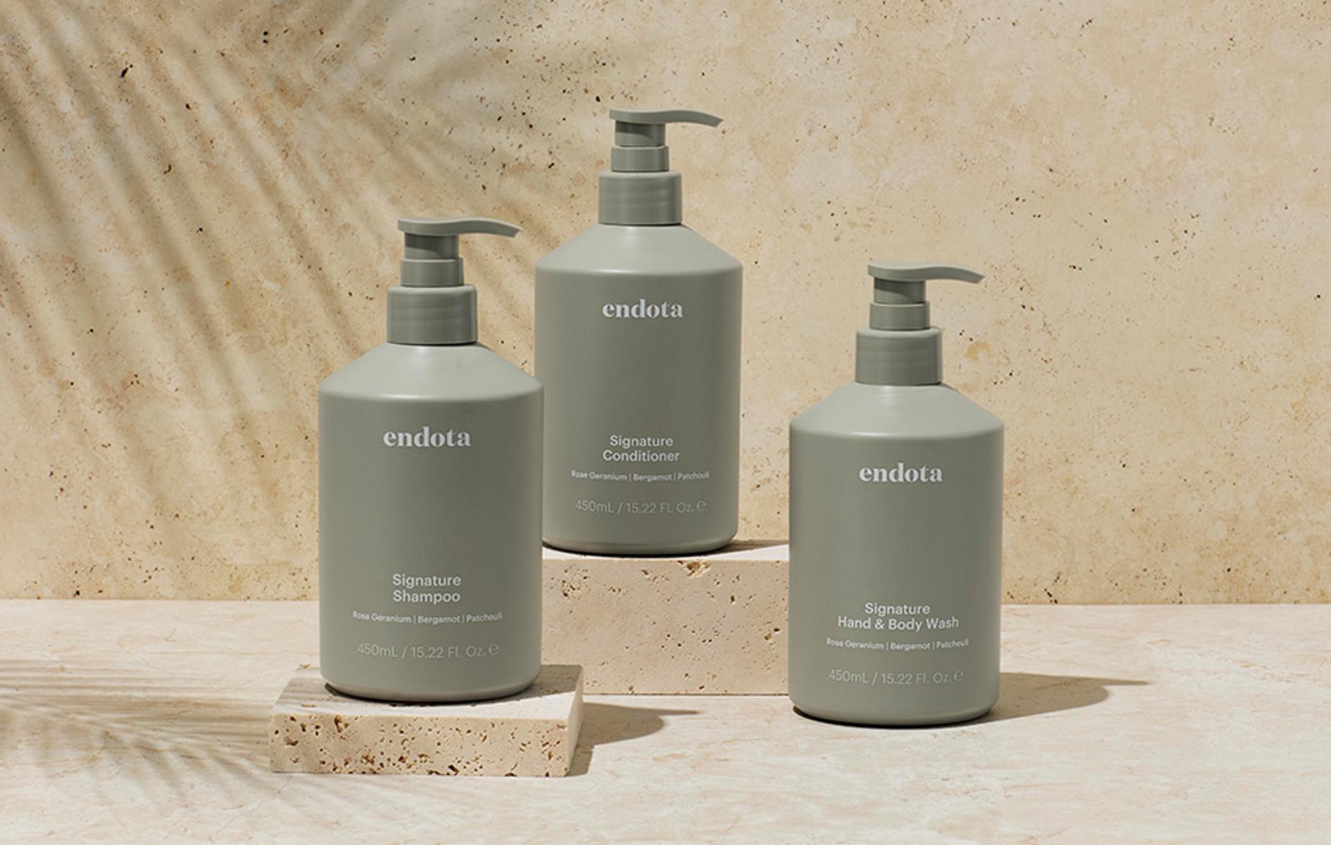 endota Signature Shampoo, Conditioner and Hand & Body Wash bottles