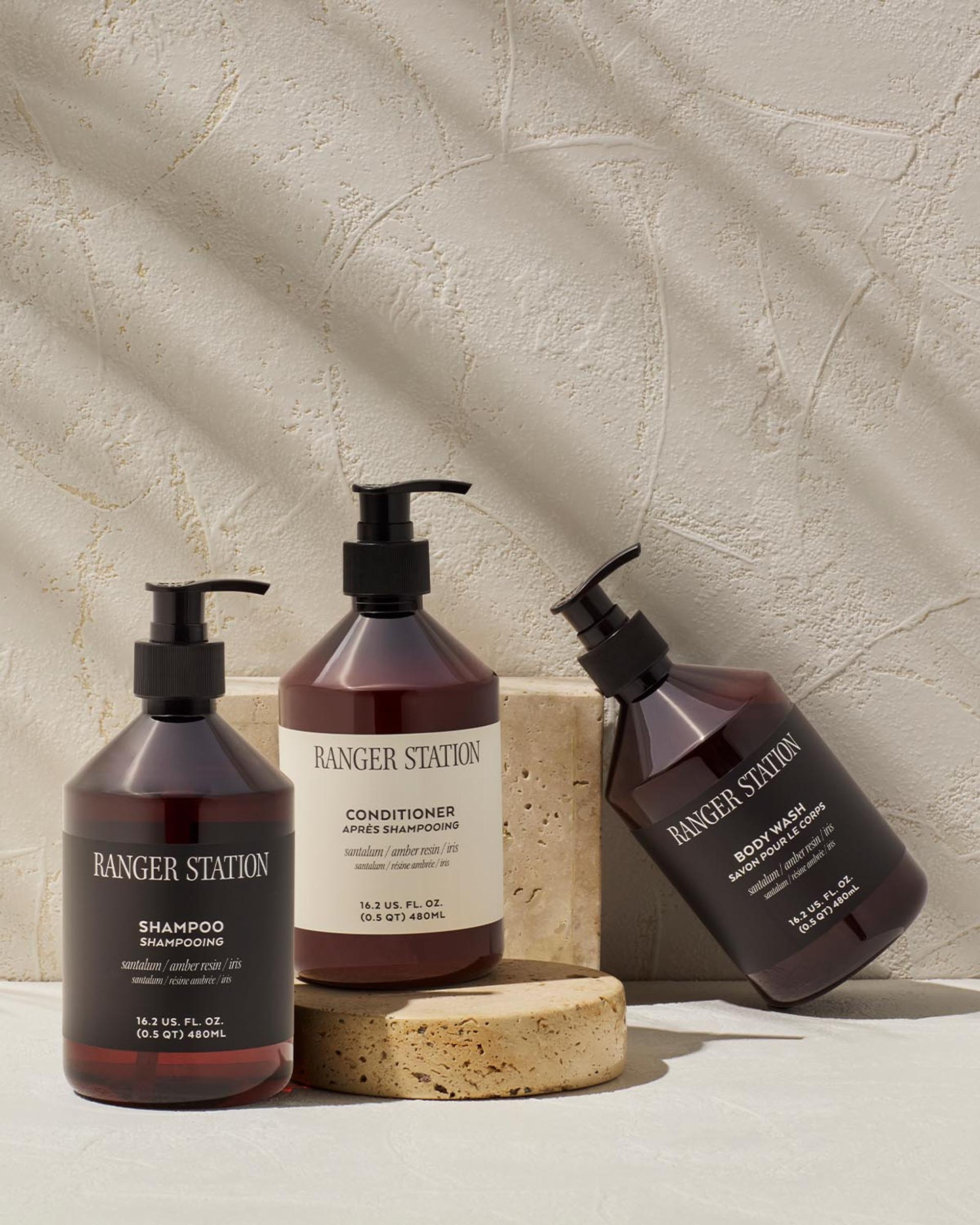 Ranger Station Santalum Shampoo, Conditioner, and Body Wash dispensers