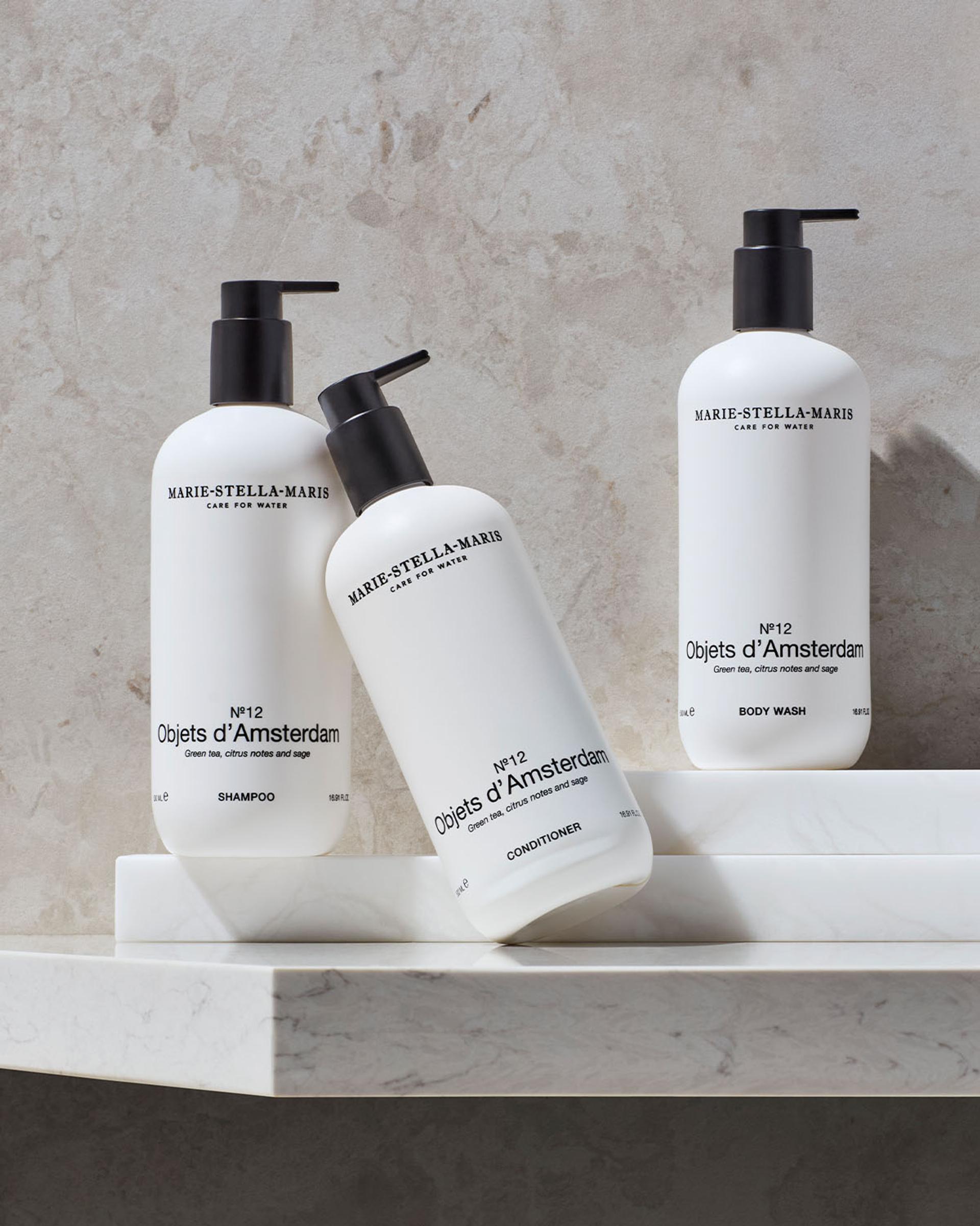 Marie Stella Maris Objets d'Amsterdam Shampoo, Conditioner and Body Wash dispensers on counter