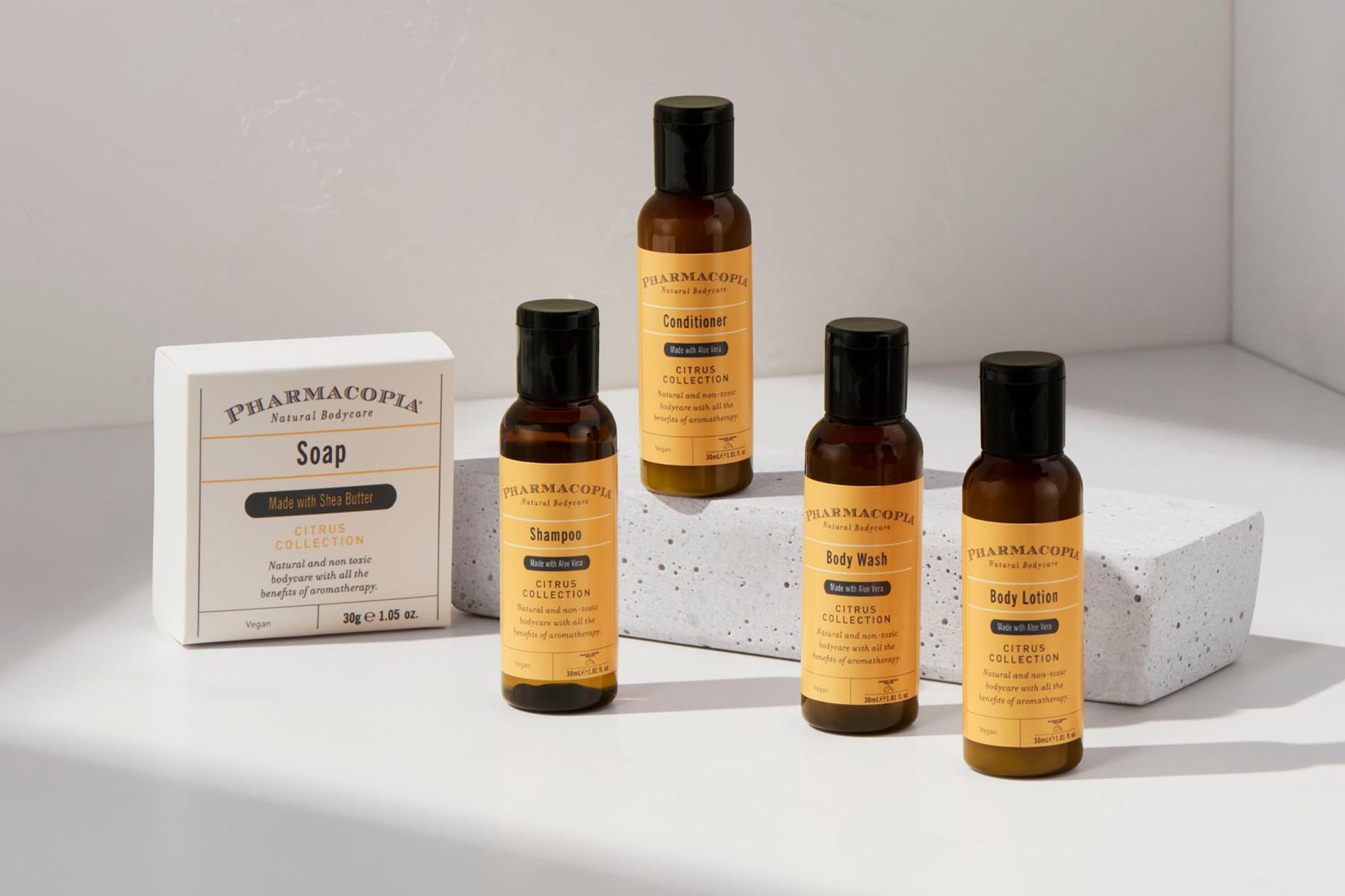 Pharmacopia Citrus Body Wash, Body Lotion, Hand Wash and Soap Bar amenities
