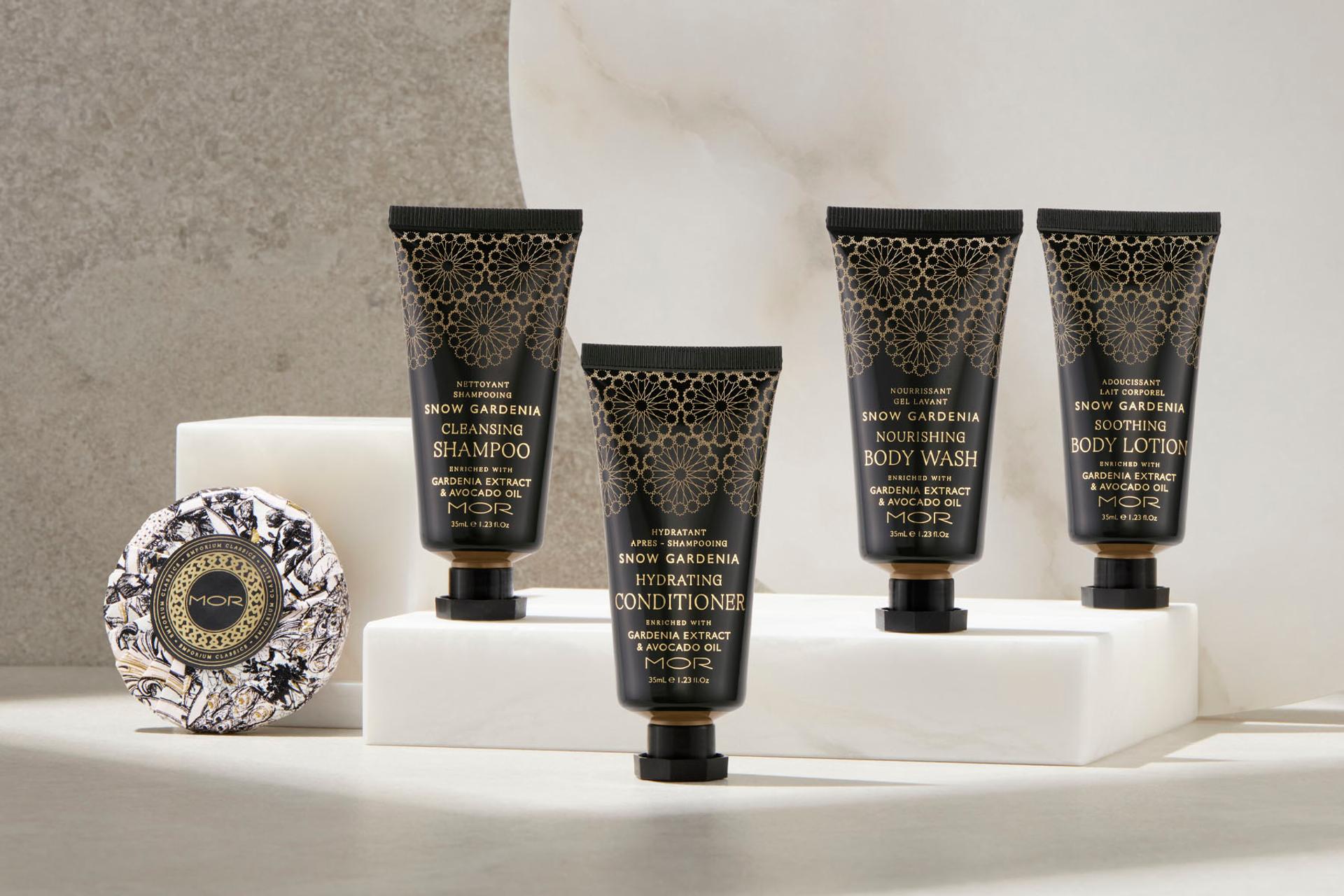 MOR Shampoo, Conditioner, Body Wash and Body Lotion Tubes and a Soap Bar