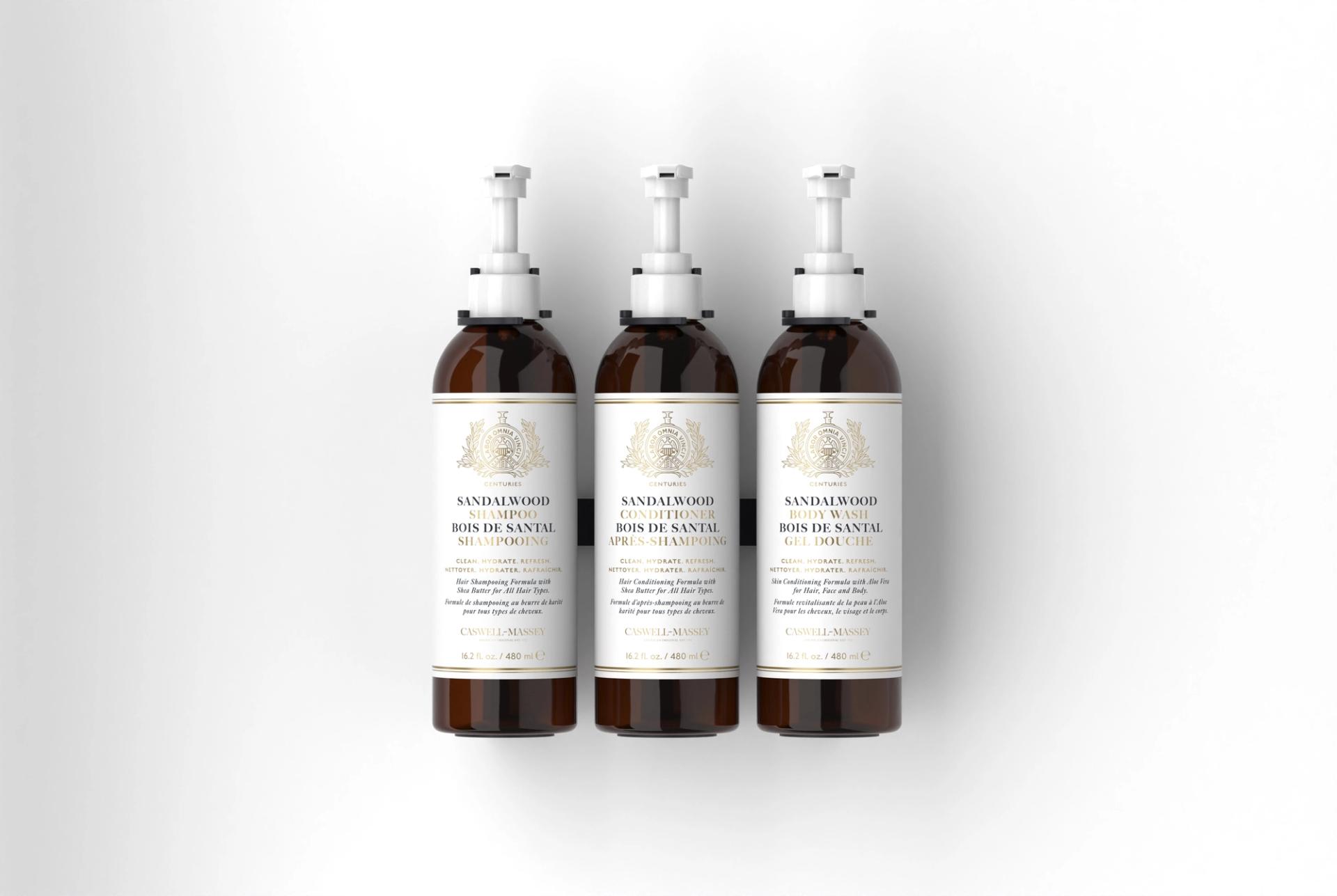 Caswell-Massey Sandalwood Shampoo, Conditioner and Body Wash in Spaza Shower Wall Brackets