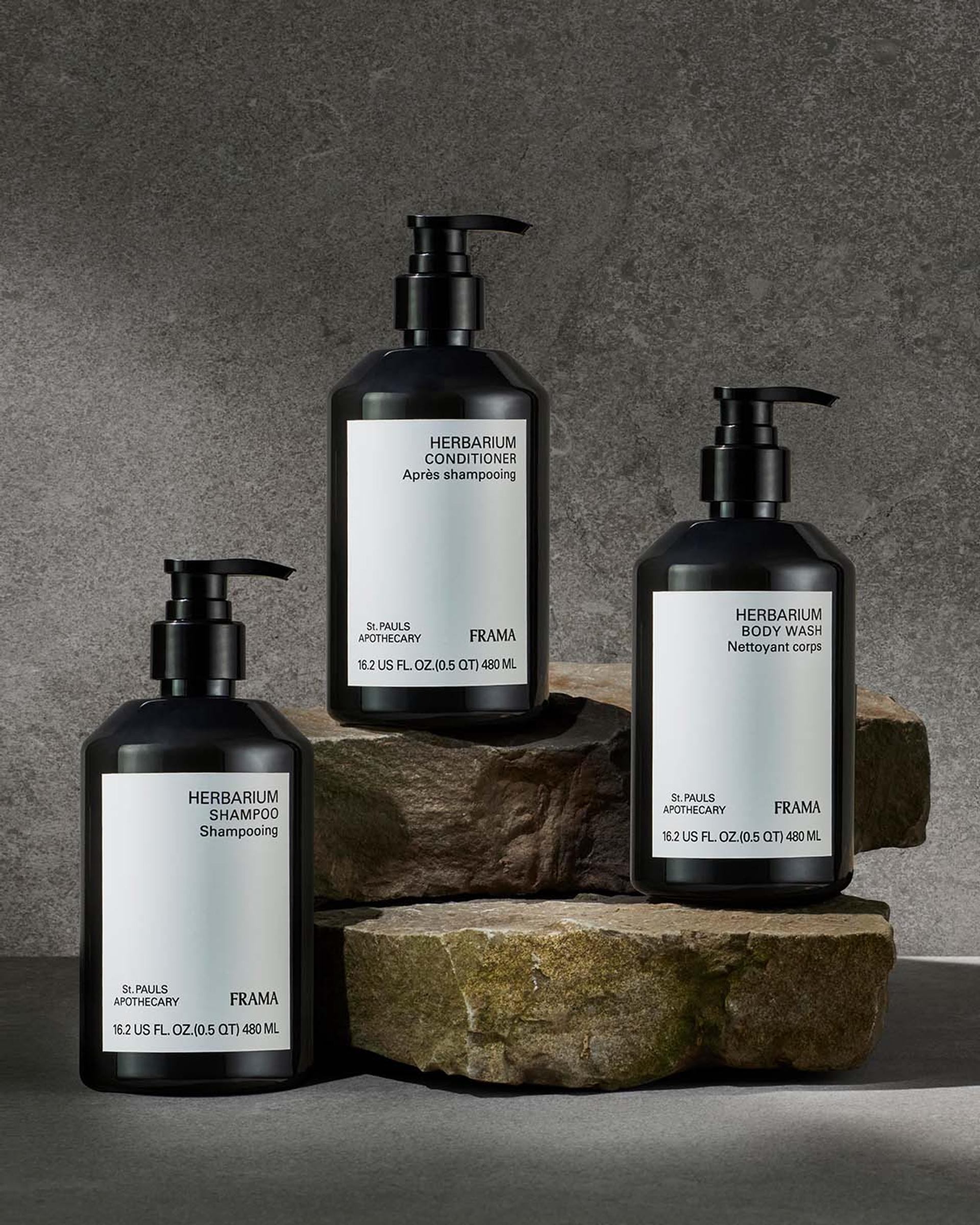 Frama Herbarium Shampoo, Conditioner and Body Wash bottles