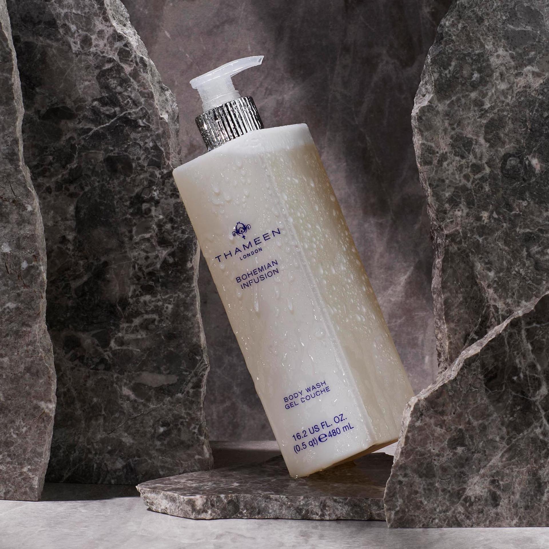Thameen London Bohemian Infusion Body Wash dispenser with stone background
