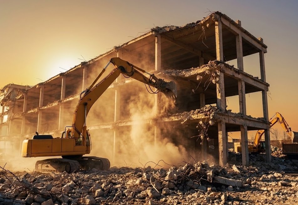 Flowrite Group demolition machinery carrying out controlled demolition
