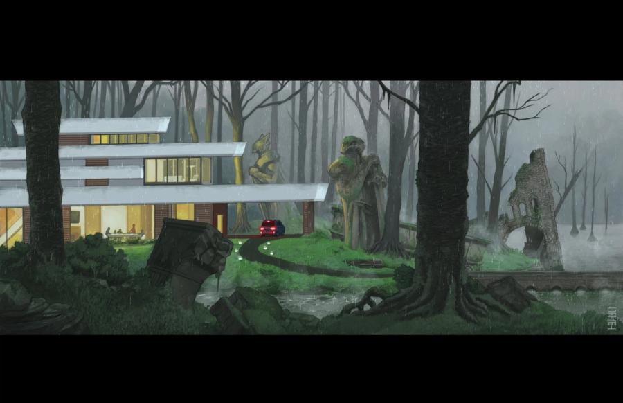 The Xarx, Style in the Ruins: a lit modern house in a misty forest, mossy stone statues looming among the trees