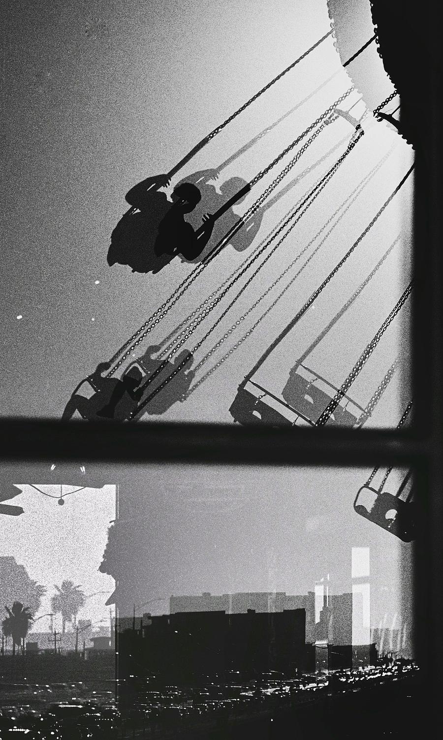 Dreamland: black-and-white swing ride in silhouette, layered over a city skyline with palm trees