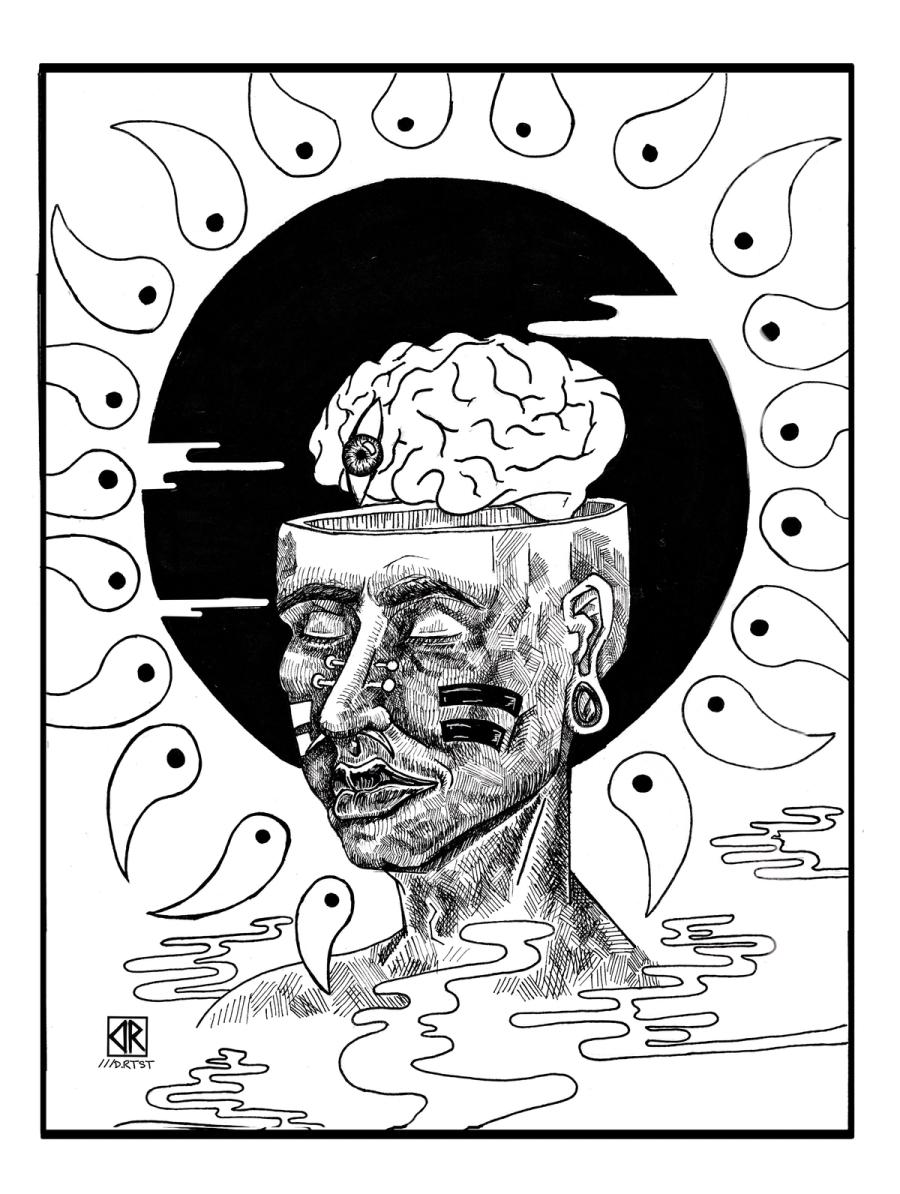 Black-and-white ink drawing of a face with eyes closed, the top of the head open and a brain rising out, ringed by teardrop shapes
