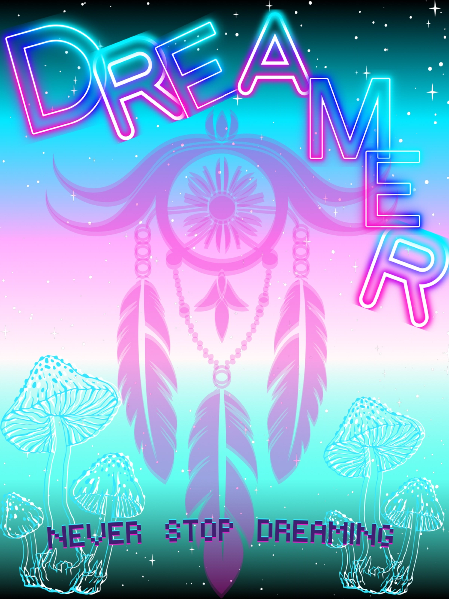 Dreamer by Czelesea Neal: a pink dreamcatcher and mushrooms on a teal-to-pink gradient