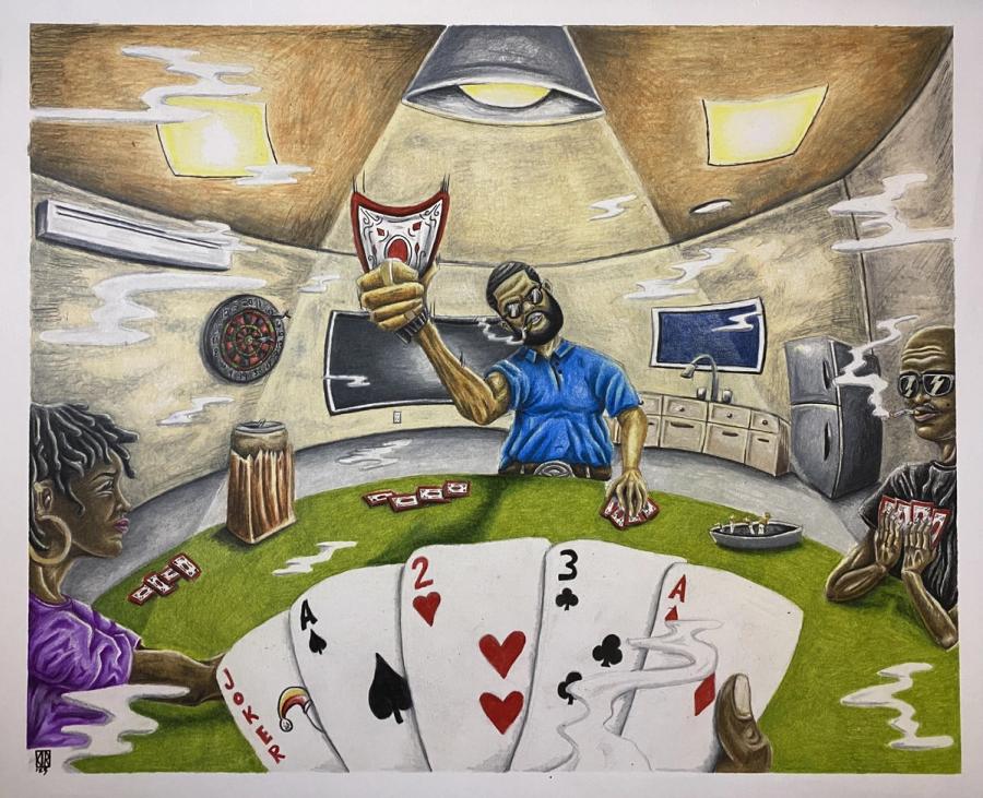Colored-pencil drawing of friends around a card table, one man raising a card in triumph, a hand of cards in the foreground