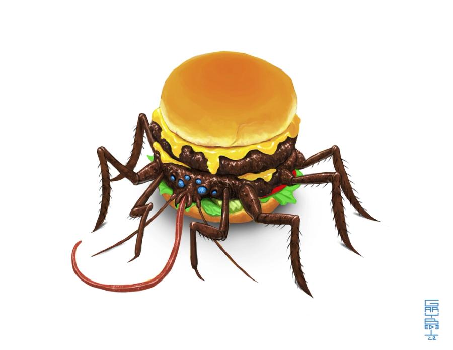 Creepy Cuisine: a double cheeseburger with long hairy spider legs and a curling tongue, on a white background