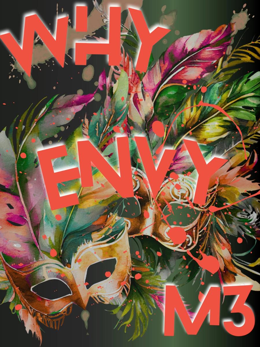 Why Envy by Czelesea Neal: masquerade masks among tropical leaves with red lettering