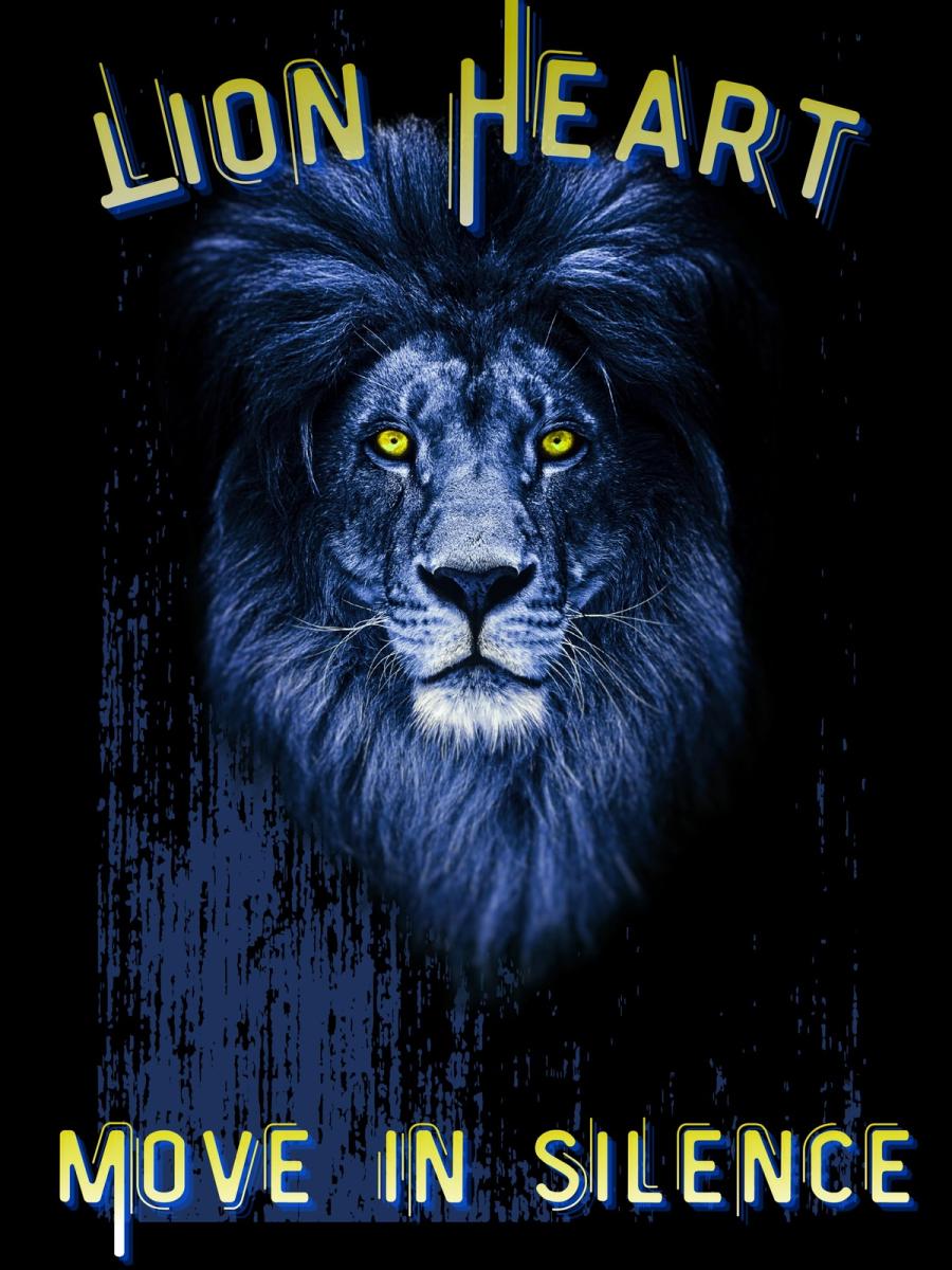 Lion Heart by Czelesea Neal: a blue lion's face on black with the words Move in Silence
