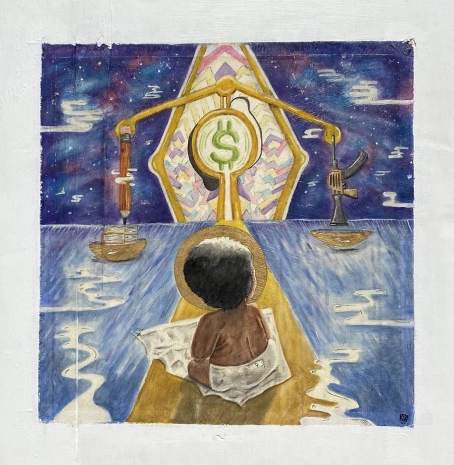 Painting of a baby on a golden path facing a scale that weighs a pencil against a rifle, a dollar sign at its center
