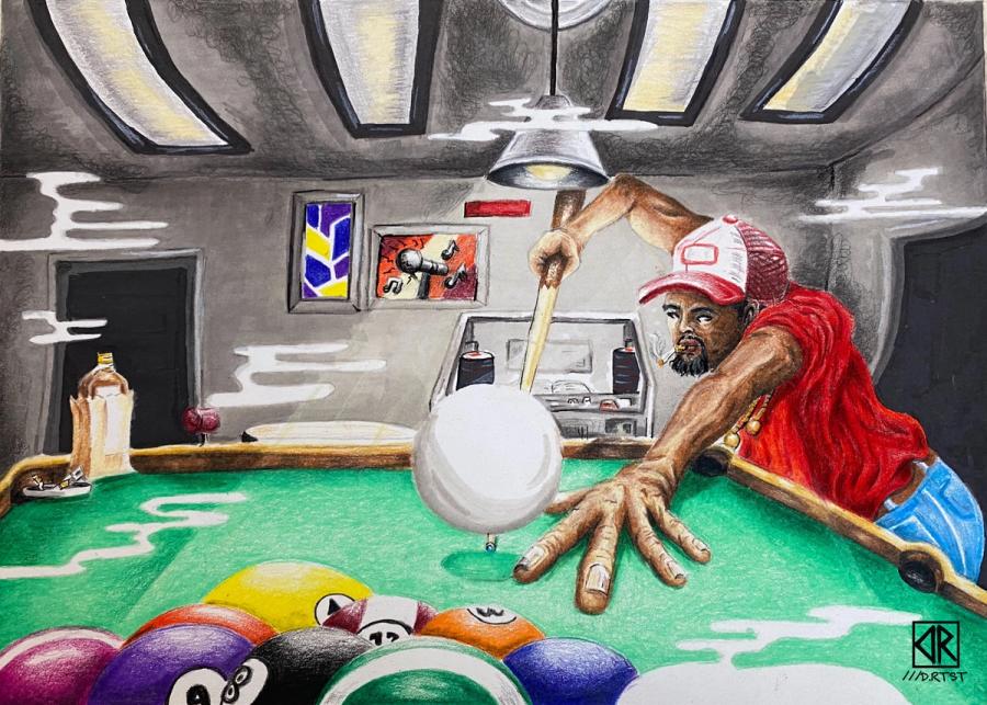 Colored-pencil drawing of a man in a red trucker cap leaning over a green pool table to break, a hanging lamp above him