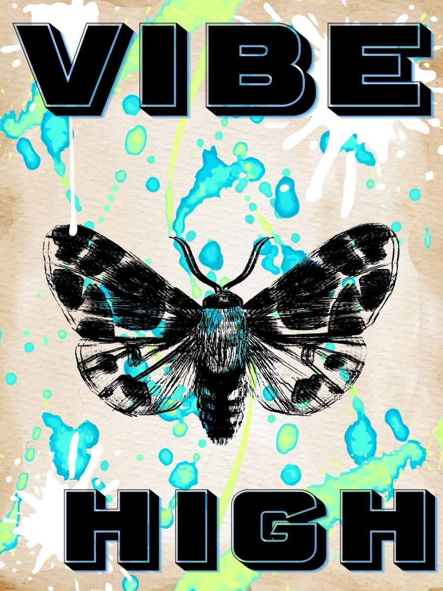 Vibe High by Czelesea Neal: a black moth over teal paint splatter on cream