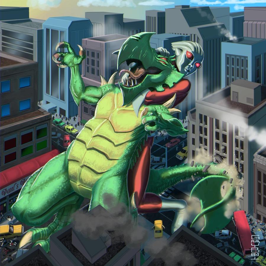 Seeing Red: a green kaiju with a crested head roars over city streets, a red-suited robot figure grappling it from behind, taxis and smoke below