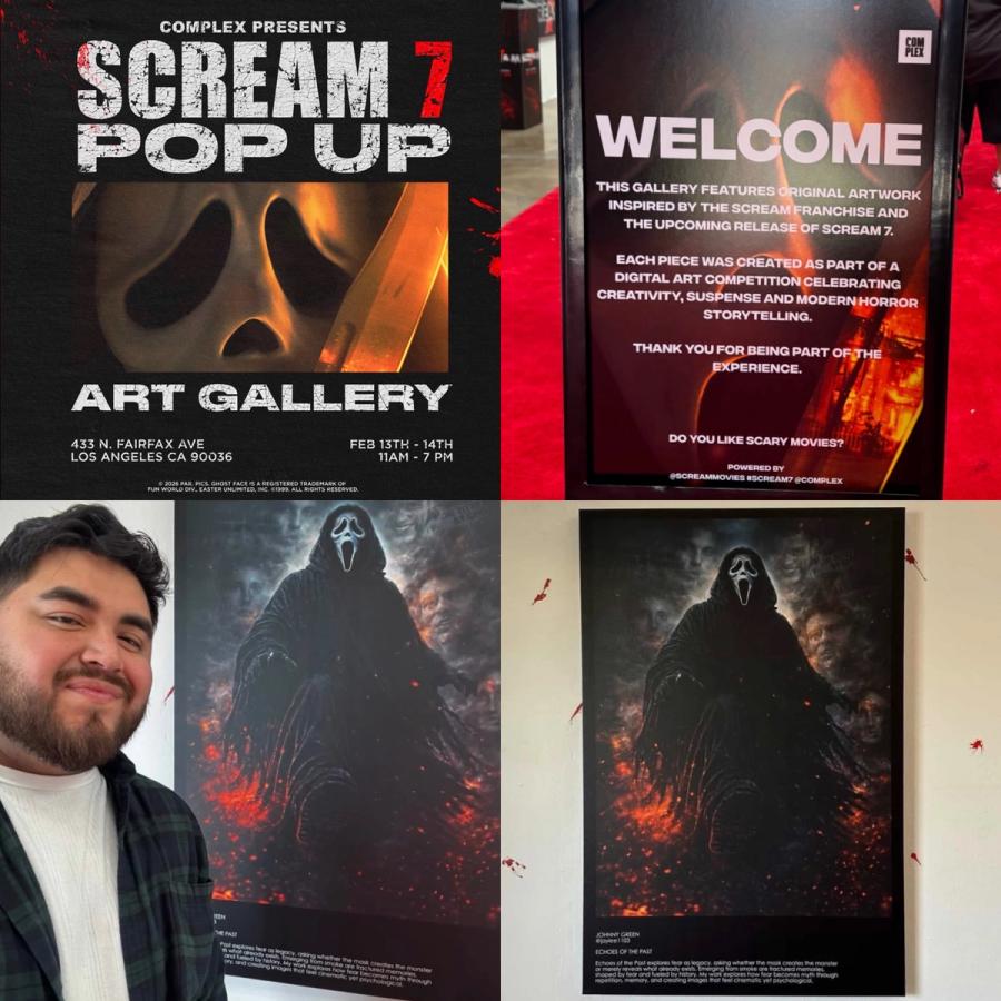 Johnny Green's Ghostface painting on display at the Complex Scream 7 Pop Up Art Gallery in Los Angeles, with a fan posing beside it