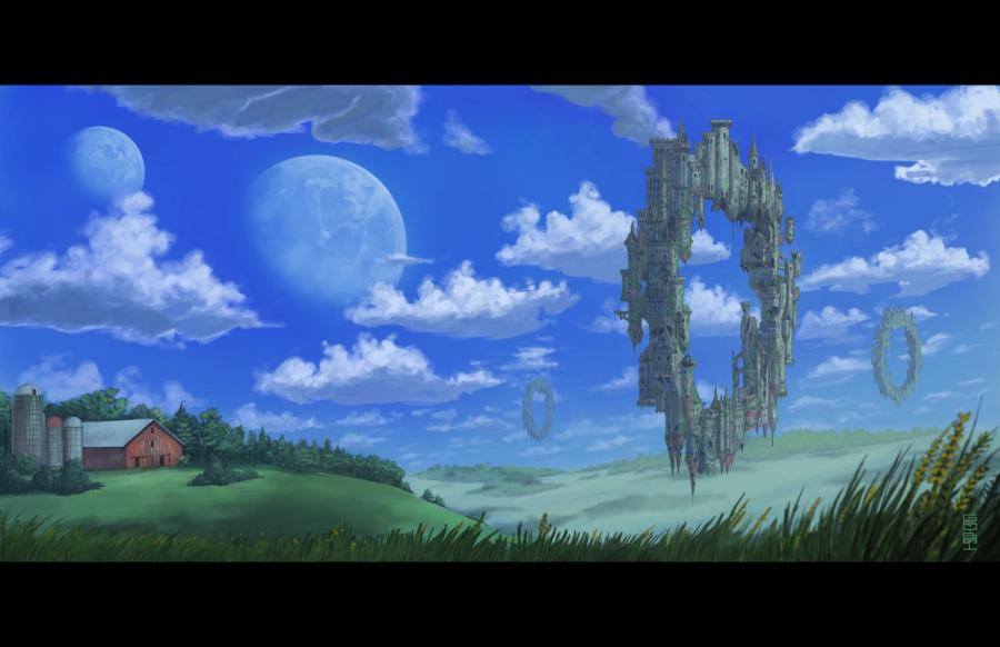 The Xarx Ancient Royal Rings above the farmlands: giant ring-shaped stone cities float in a blue sky with two moons over green farmland and a red barn