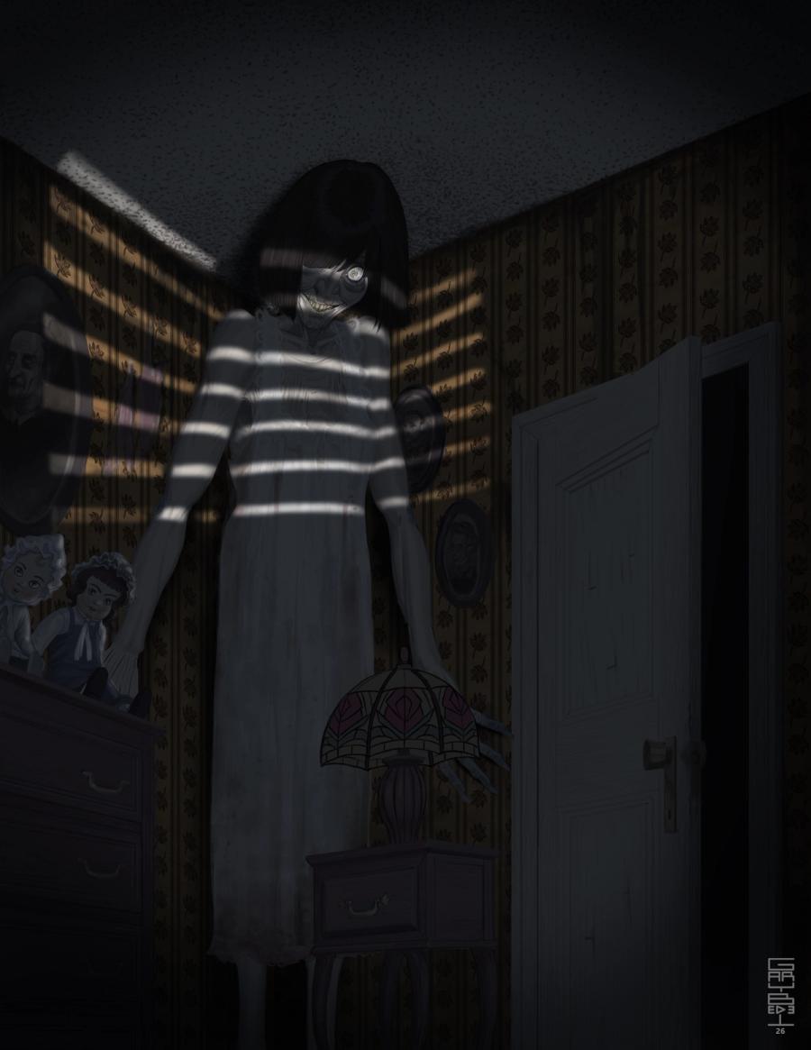 Something there: a pale, grinning long-haired figure in a striped dress floats in the corner of a dim bedroom, window-blind light across her, dolls on the dresser