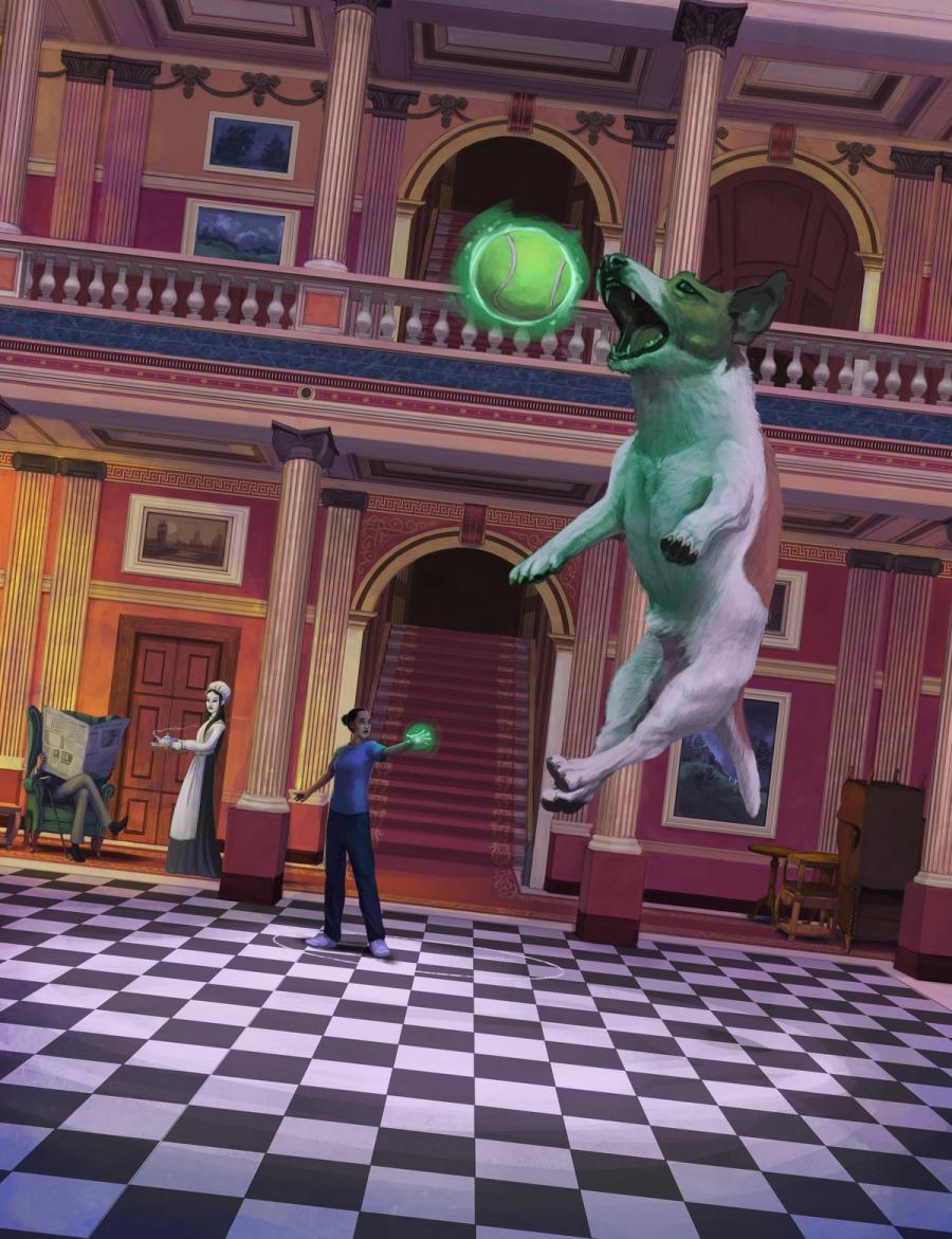 Rivers of London, the Folly: a pale ghostly dog leaps to catch a glowing green ball in a grand hall with a black-and-white checkered floor, a young man casting the light below and a woman in an apron watching from a doorway