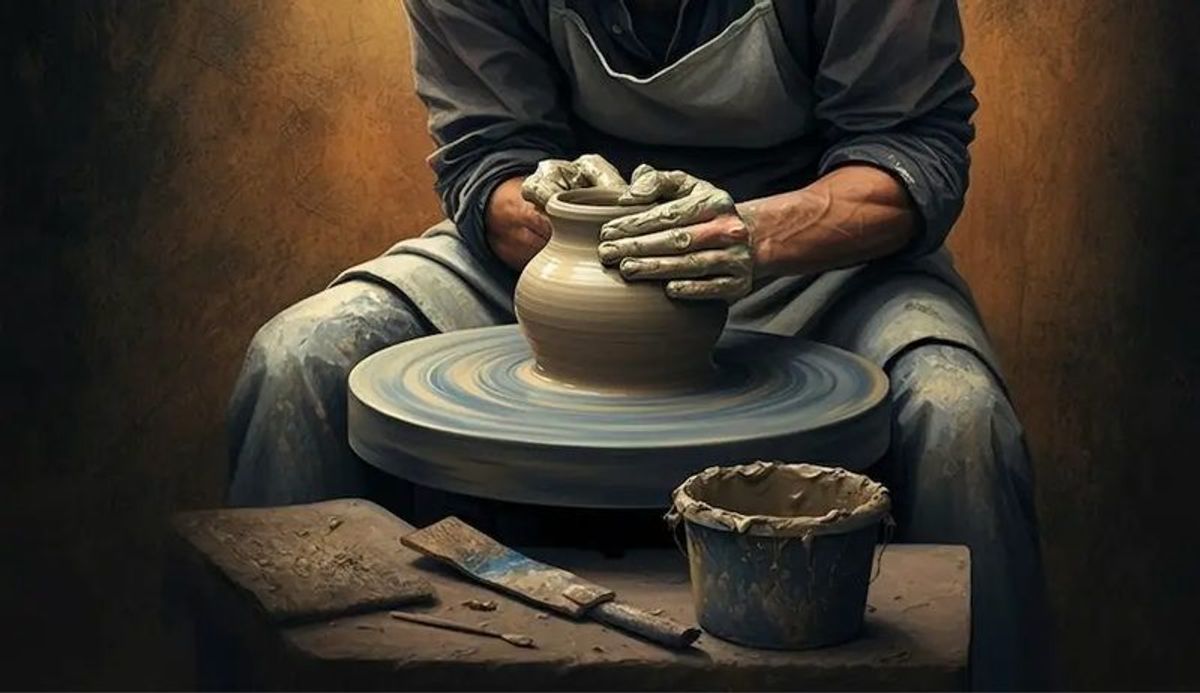 Man making clay vessel