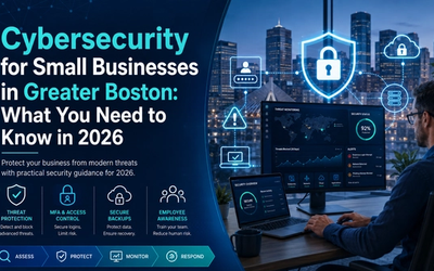 Blog cover image for “Cybersecurity for Small Businesses in Greater Boston: What You Need to Know in 2026,” featuring a blue and teal cybersecurity design with a Boston-style skyline, a professional monitoring security dashboards, and icons for threat protection, MFA, secure backups, employee awareness, monitoring, and response.