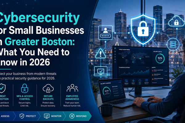 Blog cover image for “Cybersecurity for Small Businesses in Greater Boston: What You Need to Know in 2026,” featuring a blue and teal cybersecurity design with a Boston-style skyline, a professional monitoring security dashboards, and icons for threat protection, MFA, secure backups, employee awareness, monitoring, and response.