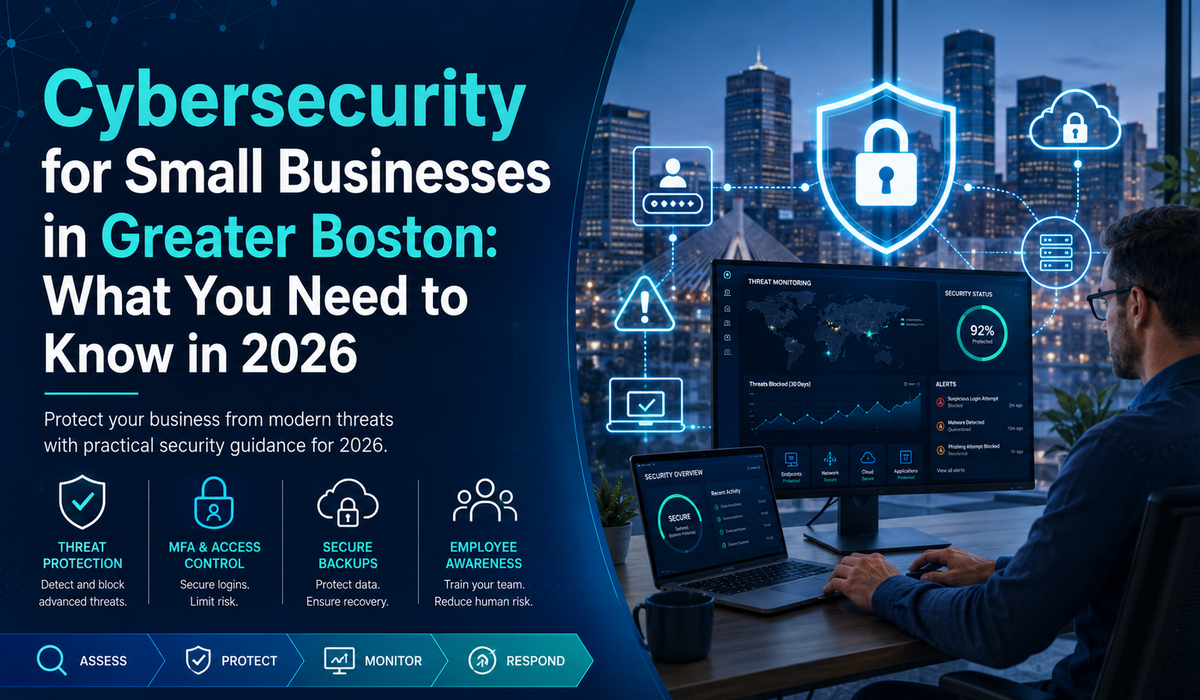 Blog cover image for “Cybersecurity for Small Businesses in Greater Boston: What You Need to Know in 2026,” featuring a blue and teal cybersecurity design with a Boston-style skyline, a professional monitoring security dashboards, and icons for threat protection, MFA, secure backups, employee awareness, monitoring, and response.