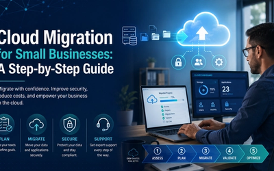 Wide blog cover image for “Cloud Migration for Small Businesses: A Step-by-Step Guide,” featuring a blue and teal technology design with a professional working at cloud dashboard screens, cloud upload graphics, migration arrows, security icons, and step-by-step planning, migration, validation, and support callouts.
