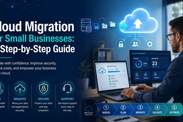 Wide blog cover image for “Cloud Migration for Small Businesses: A Step-by-Step Guide,” featuring a blue and teal technology design with a professional working at cloud dashboard screens, cloud upload graphics, migration arrows, security icons, and step-by-step planning, migration, validation, and support callouts.