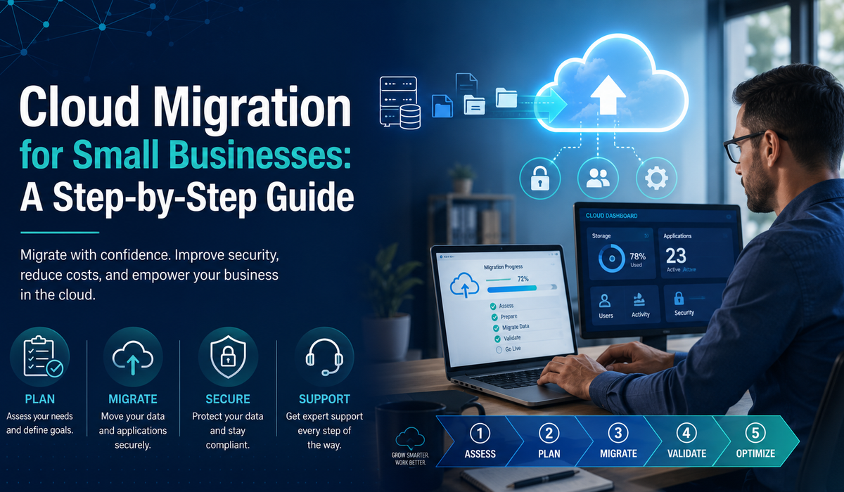 Wide blog cover image for “Cloud Migration for Small Businesses: A Step-by-Step Guide,” featuring a blue and teal technology design with a professional working at cloud dashboard screens, cloud upload graphics, migration arrows, security icons, and step-by-step planning, migration, validation, and support callouts.