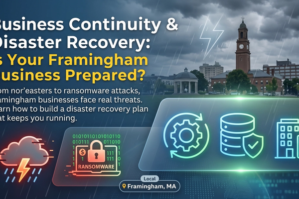 A professional blog post header image titled "Business Continuity & Disaster Recovery: Is Your Framingham Business Prepared?". The image features a background view of the historic Framingham, Massachusetts town common and clock tower building under a dark, stormy sky with rain and lightning. Large white and yellow text displays the title and subtitle, "From nor'easters to ransomware attacks, Framingham businesses face real threats. Learn how to build a disaster recovery plan that keeps you running."  The lower section shows a stylized graphic comparison with glowing icons: on the left, a storm cloud with lightning and rain is next to a laptop with a 'Ransomware' warning, a lock, and digital code; on the right, a series of glowing blue/green icons include a rotating data arrow, a protected server rack, and a business building checklist with an upward arrow. At the bottom, a small "Local Framingham, MA" badge is centered. The overall style is modern, combining photography with digital interface graphics.