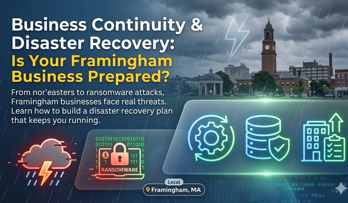 A professional blog post header image titled "Business Continuity & Disaster Recovery: Is Your Framingham Business Prepared?". The image features a background view of the historic Framingham, Massachusetts town common and clock tower building under a dark, stormy sky with rain and lightning. Large white and yellow text displays the title and subtitle, "From nor'easters to ransomware attacks, Framingham businesses face real threats. Learn how to build a disaster recovery plan that keeps you running."  The lower section shows a stylized graphic comparison with glowing icons: on the left, a storm cloud with lightning and rain is next to a laptop with a 'Ransomware' warning, a lock, and digital code; on the right, a series of glowing blue/green icons include a rotating data arrow, a protected server rack, and a business building checklist with an upward arrow. At the bottom, a small "Local Framingham, MA" badge is centered. The overall style is modern, combining photography with digital interface graphics.