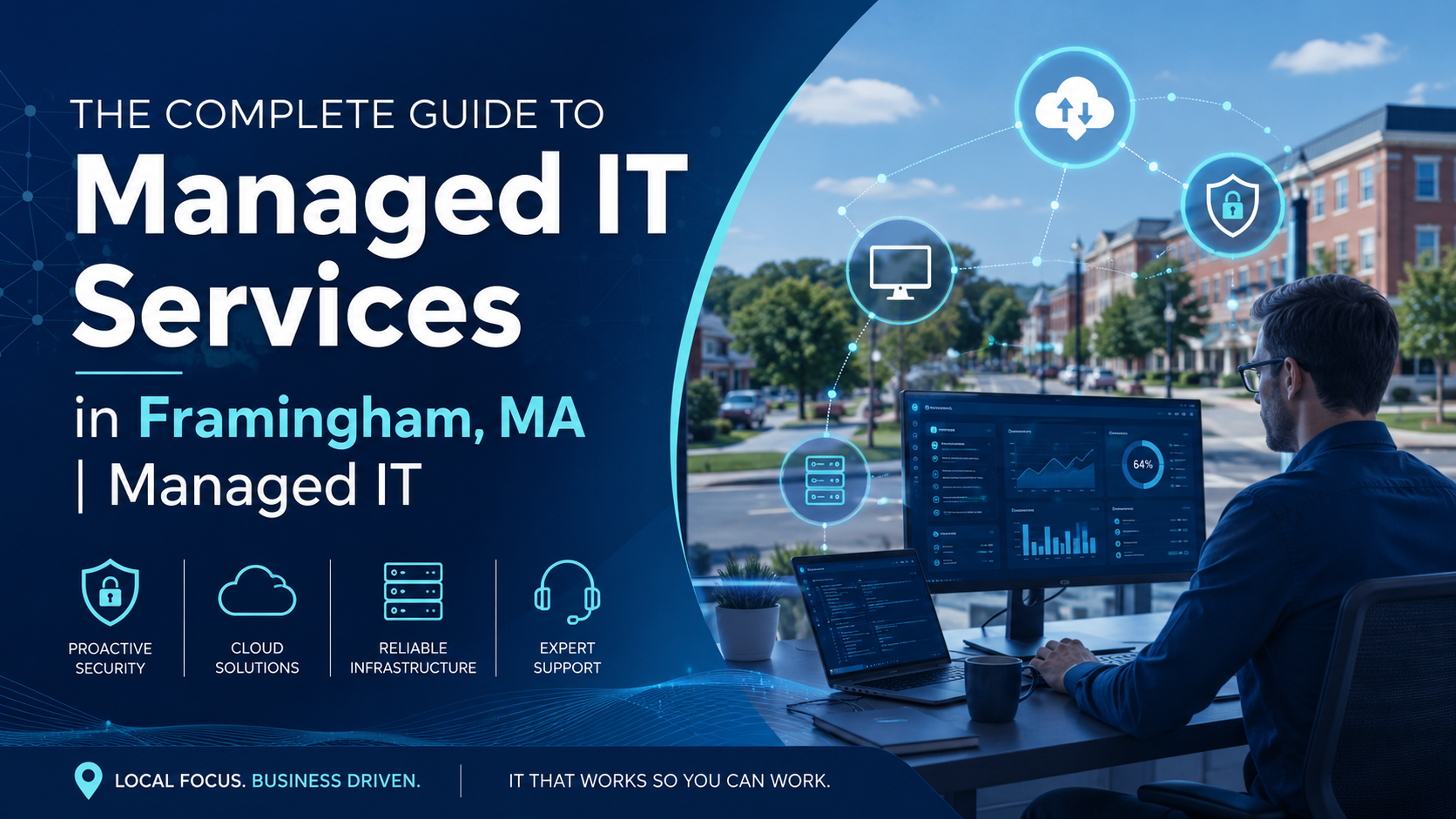 Wide blog cover image for “The Complete Guide to Managed IT Services in Framingham, MA,” featuring a blue managed IT services design with cybersecurity, cloud, infrastructure, and support icons, plus a technician working at computer monitors with a local business street scene in the background.