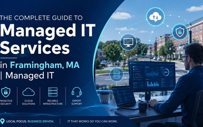 Wide blog cover image for “The Complete Guide to Managed IT Services in Framingham, MA,” featuring a blue managed IT services design with cybersecurity, cloud, infrastructure, and support icons, plus a technician working at computer monitors with a local business street scene in the background.