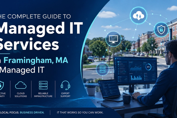 Wide blog cover image for “The Complete Guide to Managed IT Services in Framingham, MA,” featuring a blue managed IT services design with cybersecurity, cloud, infrastructure, and support icons, plus a technician working at computer monitors with a local business street scene in the background.