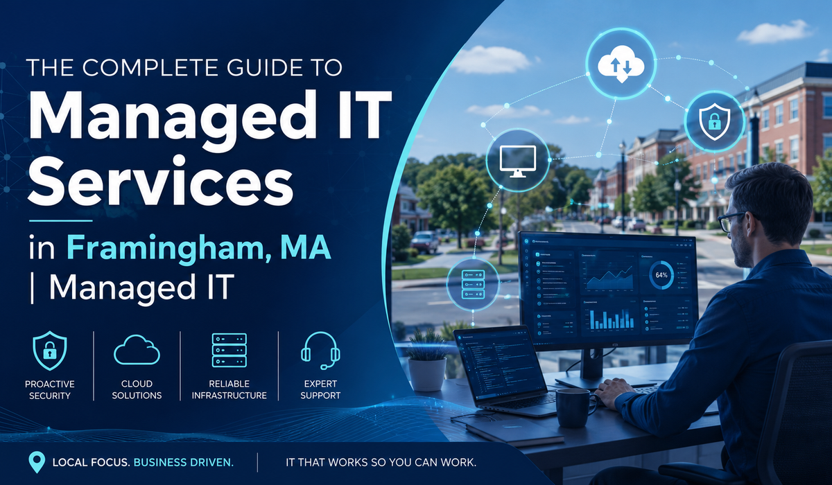Wide blog cover image for “The Complete Guide to Managed IT Services in Framingham, MA,” featuring a blue managed IT services design with cybersecurity, cloud, infrastructure, and support icons, plus a technician working at computer monitors with a local business street scene in the background.