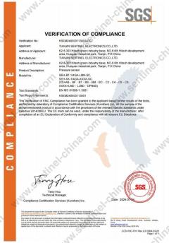 CE 认证证书（压力传感器，SGS 符合性验证）