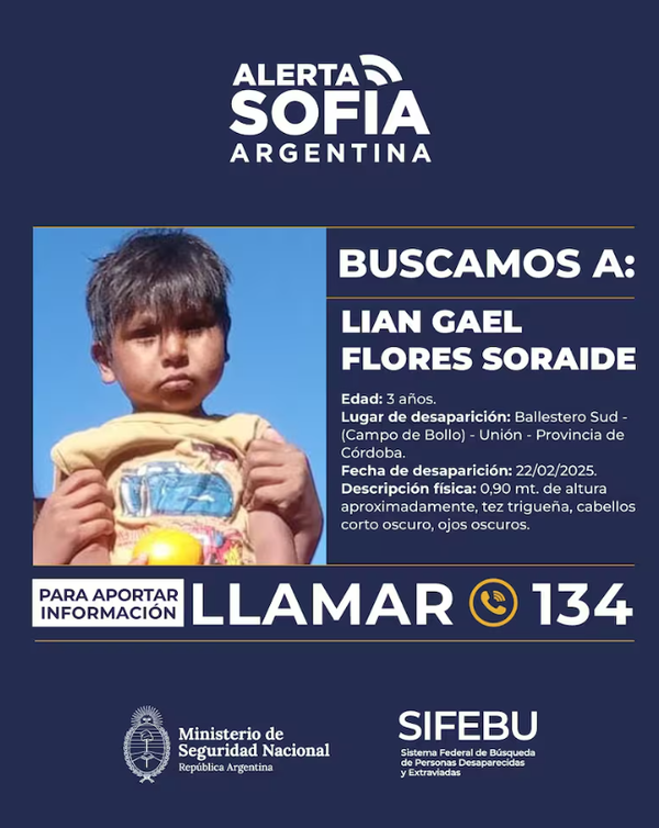 Desesperada búsqueda de Lian Gael en Córdoba: 48 horas sin pistas y con operativo reforzado