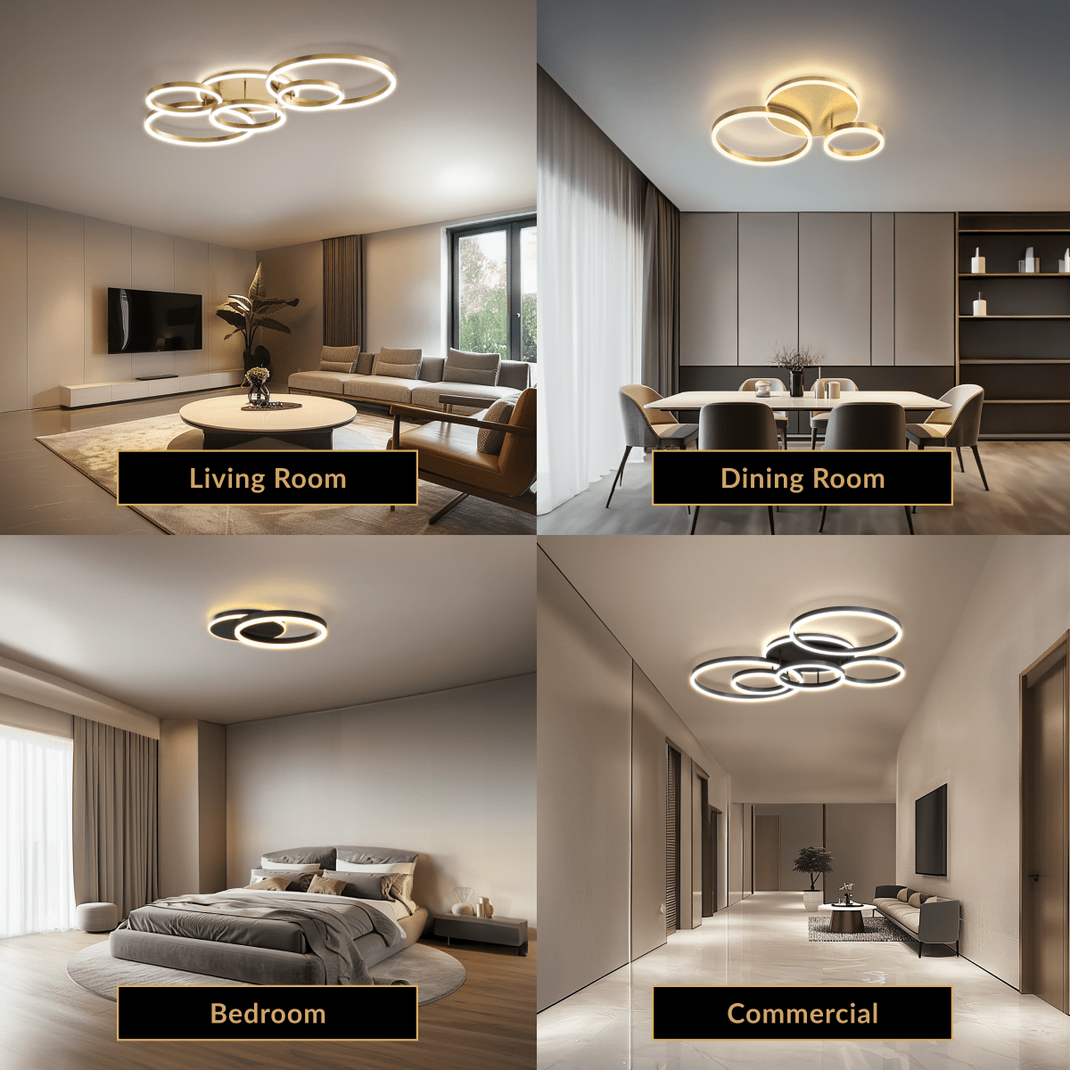 Chloe ceiling light, overlapping brown-gold LED rings mounted flush over a living, dining and bedroom
