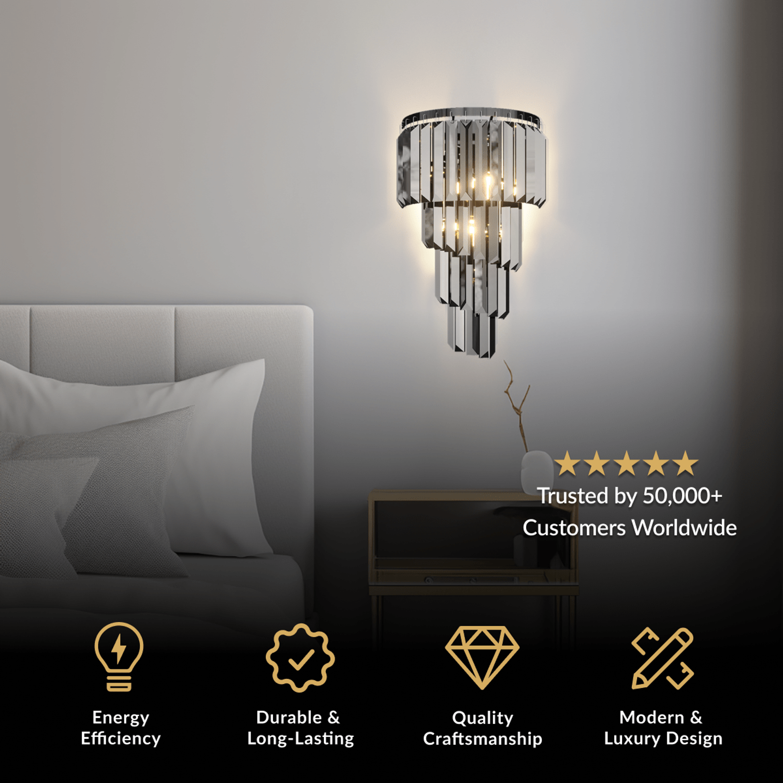 Umbra wall sconce, black tiered frame with fringe crystals, mounted beside a bed